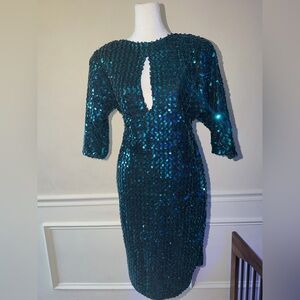 VINTAGE CLIMAX BY DAVID HOWARD Teal Sequin Keyhole Sheath Dress Size 11/12